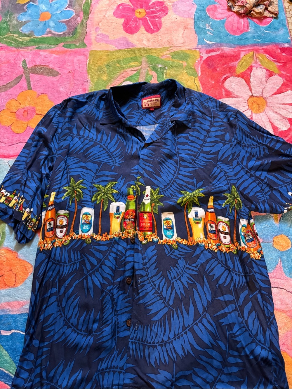 Vintage Aloha Joe Beer Bottle Tropical Hawaiian Shirt XL - Blue Novelty